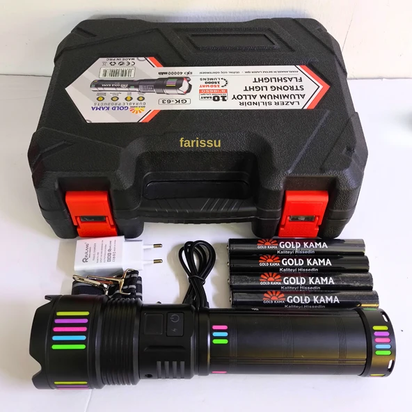 Gold Kama GK-63 Ultra Güçlü LED El Feneri - 150W, 15000 Lümen, Lazer Fonksiyonlu - 6