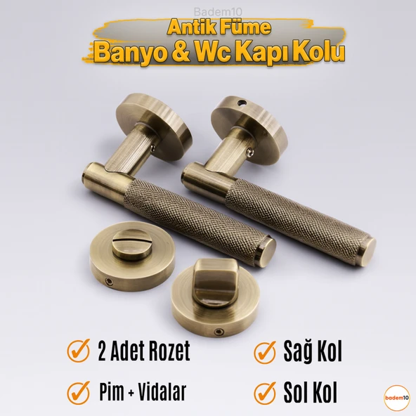 Antik Füme Wc Banyo Tipi Kapı Kolu Rozetli Sağ Sol Uygun Modern İç Kapı Kilitli 1 Takım - Resim 4