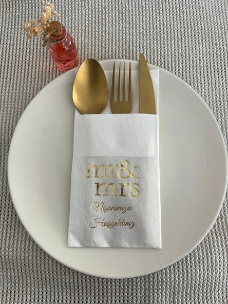 Beyaz Üzeri Gold Yaldızlı Mr&Mrs Nişanımıza Hoşgeldiniz Baskılı Kanguru Cepli Peçete 12 Adet ürün görseli 1