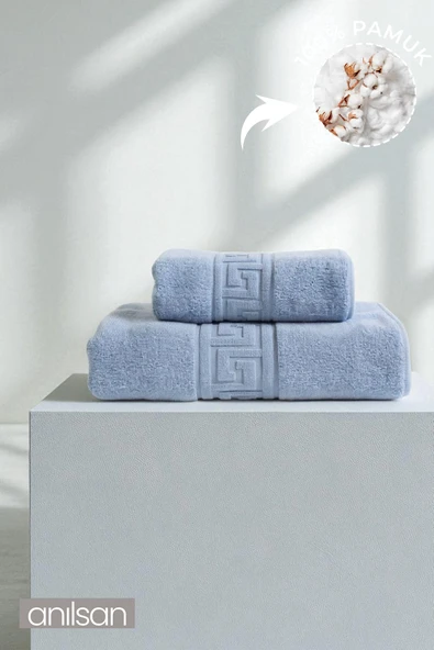 2'li Mavi Greek Havlu Seti %100 Pamuk - 1 Adet El Havlusu 50x90 Ve 1 Adet Banyo Havlusu 70x140 - 2