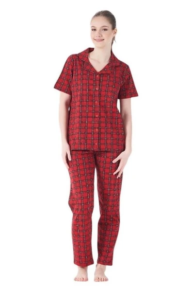 Estiva Kareli Desen Önden Düğmeli Bayan Pijama Takım - Resim 3