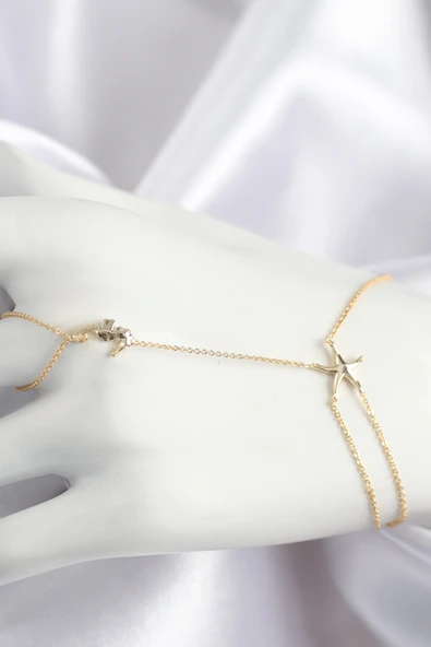 Pirinç Zirkon Taşlı Deniz Atı Ve Yıldız Model Gold Renk Şahmeran - TJ-SN713