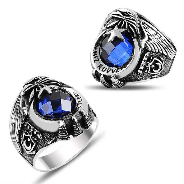 Gümüş Ayyıldız Deniz Kuvvetleri Mavi Taşlı Erkek Yüzük ürün görseli