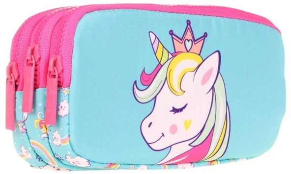 Kaukko Kids Üç Bölmeli Turkuaz Pembe, Unicorn Temalı, Kız Çocuk Okul Kalem Çantası - L8155 ürün görseli