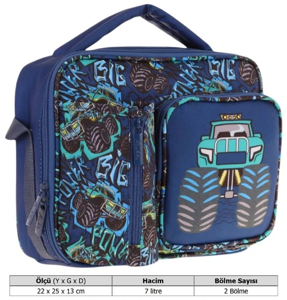 Kaukko Erkek Çocuk, Lacivert Turkuaz, Kamyon Daskılı Isı Yalıtımlı Üç Bölmeli (Matara Cepli) Okul Beslenme Çantası L7261 - 3