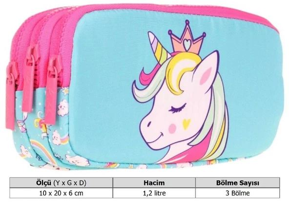 Kaukko Kids Üç Bölmeli Turkuaz Pembe, Unicorn Temalı, Kız Çocuk Okul Kalem Çantası - L8155 - Resim 3