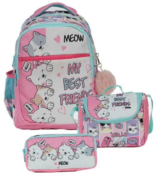 Pippa Kız Çocuk Üç Gözlü Pembe Beyaz İlkokul Üçlü Okul Çanta Seti - Sevimli Kediler - PPSET5200 ürün görseli