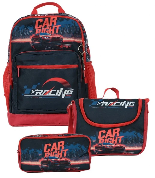 Pippa Erkek Çocuk Üç Gözlü Kırmızı/Siyah İlkokul Üçlü Okul Çanta Seti - Yarış Arabası - PPSET5395 ürün görseli 1