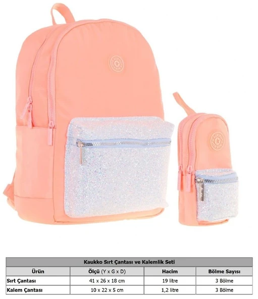 Kaukko Bright Kız Çocuk Taşlı Somon Okul Çantası ve Çanta Şekilli Kalemlik Seti - Resim 2