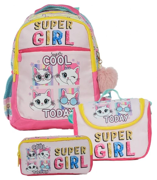 Pippa Kız Çocuk Üç Gözlü Pembe/Sarı İlkokul Üçlü Okul Çanta Seti - Super Girl - PPSET5220 ürün görseli