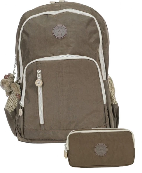 Pippa Krinkıl Kumaş Okul Çantası ve İki Gözlü Kalemlik  (Kız ve Erkek - Kahverengi - PPCNT8030-01) ürün görseli