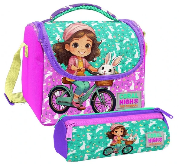 Coral High Kız Çocuk Yeşil Pembe Bisikletli Kız Thermo Beslenme Çantası ve Üç Bölmeli Kalem Çantası Seti ürün görseli