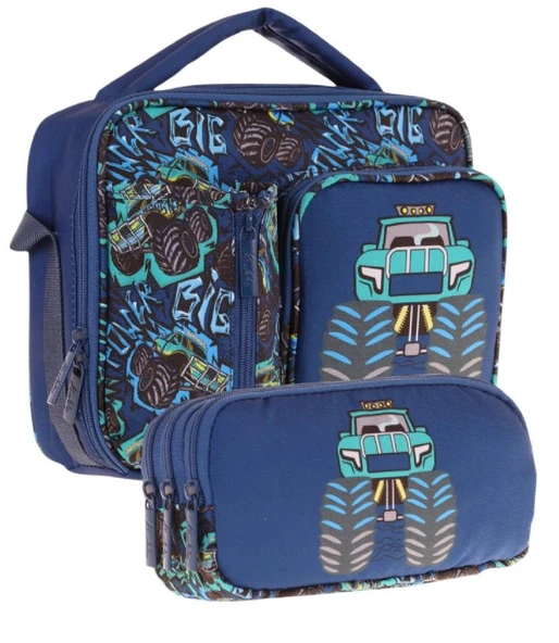 Kaukko Kids Erkek Çocuk Lacivert Turkuaz Kamyon Üç Bölmeli Thermo Beslenme Çantası ve Kalemlik Seti (L7261+L8261) ürün görseli