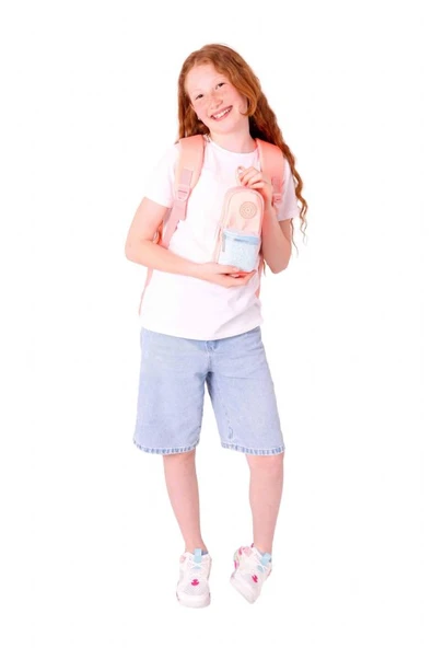 Kaukko Bright Kız Çocuk Taşlı Somon Okul Çantası ve Çanta Şekilli Kalemlik Seti - Resim 3