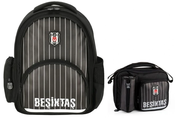 Beşiktaş Erkek Çocuk Çubuk Desenli Suni Deri Sırt Çantası ve Beslenme Çantası Seti - 25352 ürün görseli