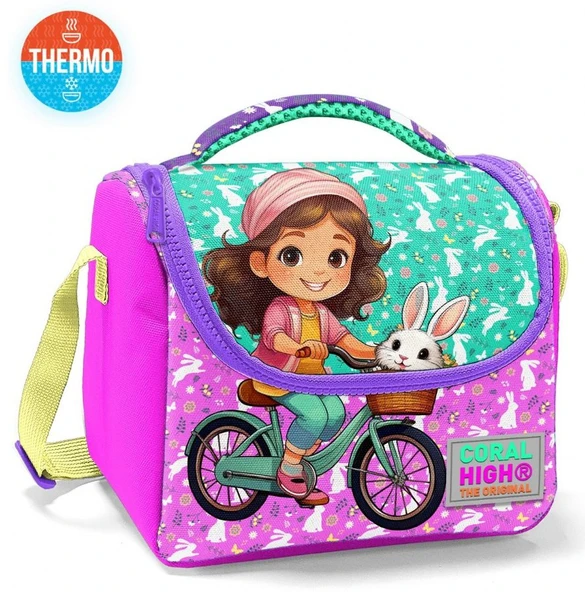 Coral High Kız Çocuk Beslenme Çantası - Thermo - Yeşil Pembe Bisikletli Kız - Resim 2