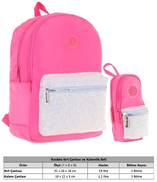 Kaukko Bright Kız Çocuk Taşlı Pembe Okul Çantası ve Çanta Şekilli Kalemlik Seti - Resim 2