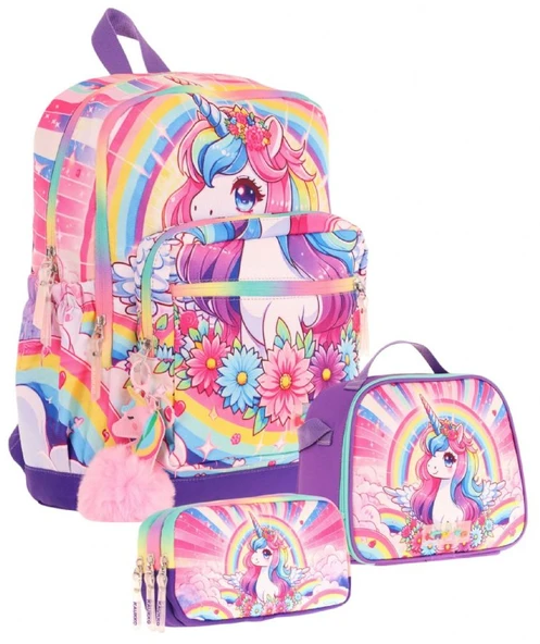 Kaukko Kids Dört Bölmeli Okul Çantası + Beslenme +Kalemlik Seti (Unicorn - Kız Çocuk - Pembe Mor) ürün görseli