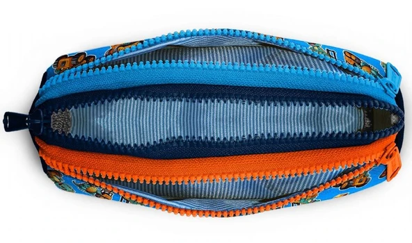 Coral High Erkek Çocuk Dinazor ve İş Makinesi Baskılı Mavi/Turuncu Kalem Çantası - Üç Bölmeli - Resim 3