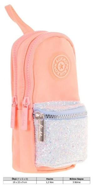 Kaukko Çanta Şekilli Kız Çocuk Üç Bölmeli Kalemlik - Somon - Taşlı - K2721 - Resim 3