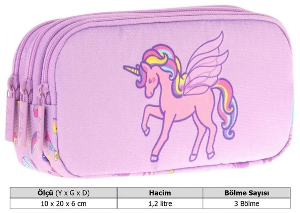 Kaukko Kids Üç Bölmeli Lila, Unicorn, Kız Çocuk Okul Kalemliği - L8221 - Resim 3