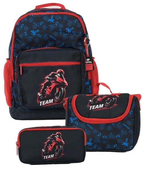 Pippa Erkek Çocuk Üç Gözlü Siyah/Kırmızı İlkokul Üçlü Okul Çanta Seti - Motosiklet - PPSET5300 ürün görseli