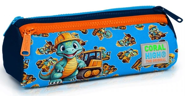 Coral High Erkek Çocuk Dinazor ve İş Makinesi Baskılı Mavi/Turuncu Kalem Çantası - Üç Bölmeli ürün görseli