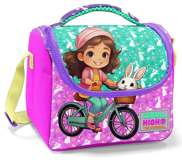 Coral High Kız Çocuk Beslenme Çantası - Thermo - Yeşil Pembe Bisikletli Kız ürün görseli