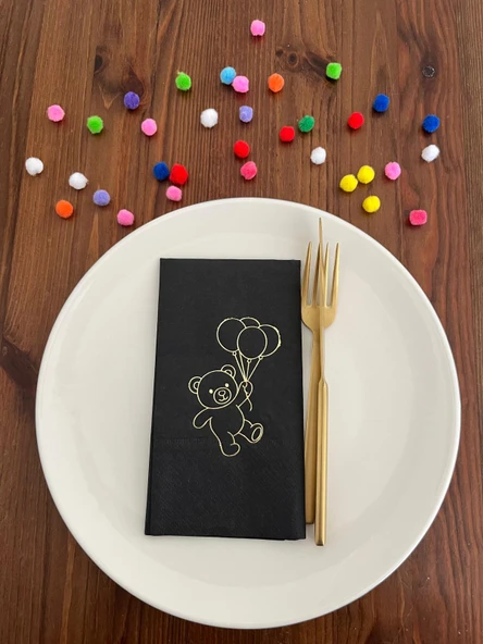 Gold Yaldızlı Siyah Sevimli Ayı Baskılı Garson Katlama Peçete 16 Adet ürün görseli 1