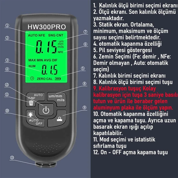 Valkyrie HW-300 Pro Kaplama Kalınlığı Ölçer – 0-2000 µm Ölçüm Aralığı, FE/NFE Algılama, Arka Aydınlatmalı LCD - 3