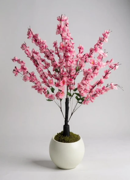 Yapay Ağaç Pembe Bahardalı Ağacı Beyaz Küre Saksıda 100cm Japon Kiraz Çiçeği ürün görseli