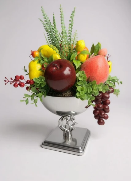 Yapay Meyve Aranjman Gümüş Vazoda Meyve Sepeti 02 - Resim 3