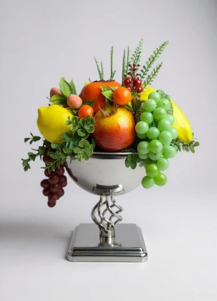Yapay Meyve Aranjman Gümüş Vazoda Meyve Sepeti 02 ürün görseli