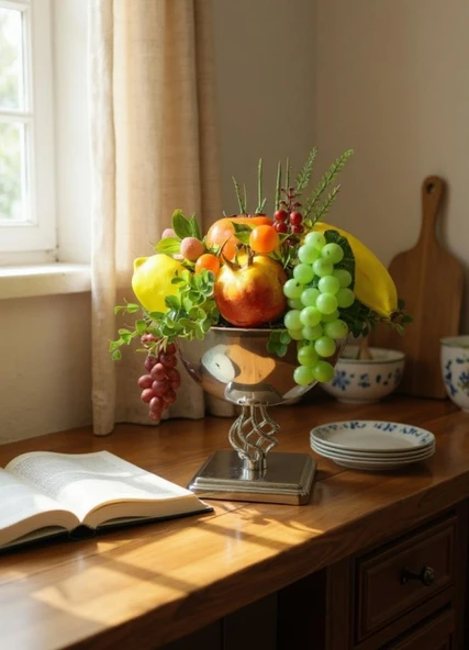 Yapay Meyve Aranjman Gümüş Vazoda Meyve Sepeti 02 - Resim 6