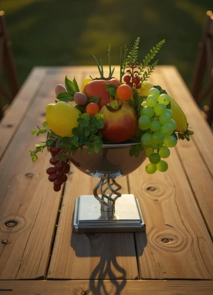 Yapay Meyve Aranjman Gümüş Vazoda Meyve Sepeti 02 - Resim 8