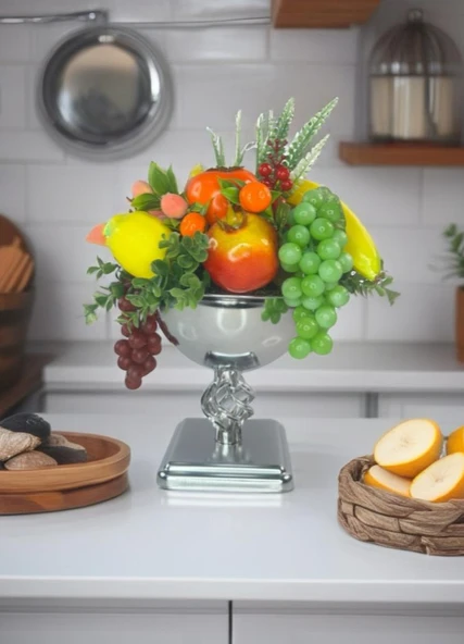 Yapay Meyve Aranjman Gümüş Vazoda Meyve Sepeti 02 - Resim 4