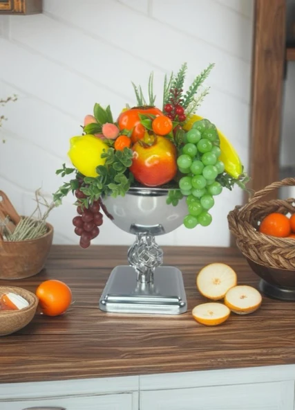 Yapay Meyve Aranjman Gümüş Vazoda Meyve Sepeti 02 - Resim 5