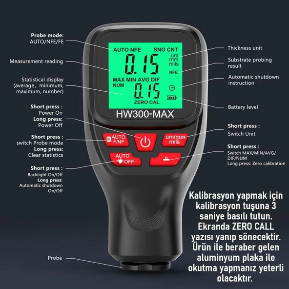 Valkyrie HW300-MAX Dijital Kaplama Kalınlığı Ölçer – 0-2000 µm, FE/NFE Otomatik Algılama, LCD Ekran - 2