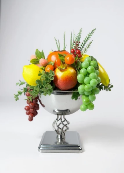 Yapay Meyve Aranjman Gümüş Vazoda Meyve Sepeti 02 - Resim 2