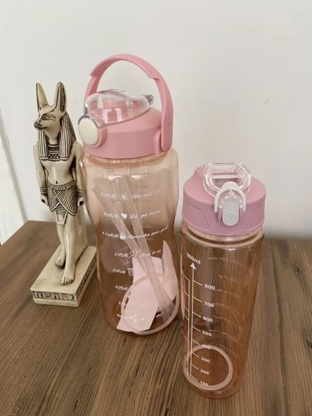 Şeffaf 2'li Motivasyon Matarası 2000ml+900ml Suluk Su Şisesi Bpa İçermez - 1