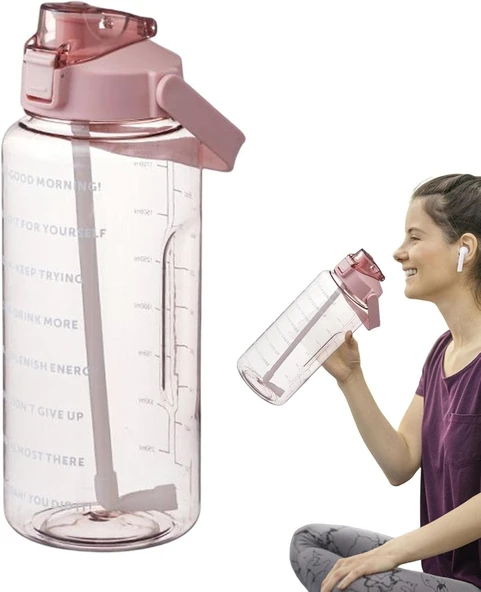 Şeffaf 2'li Motivasyon Matarası 2000ml+900ml Suluk Su Şisesi Bpa İçermez - 2