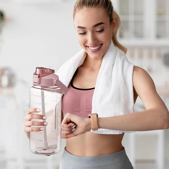 Şeffaf 2'li Motivasyon Matarası 2000ml+900ml Suluk Su Şisesi Bpa İçermez - 3