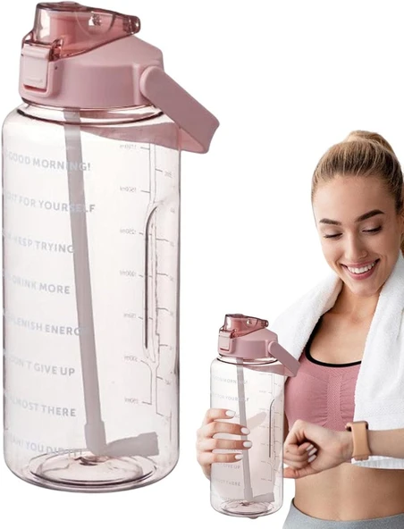 Şeffaf 2'li Motivasyon Matarası 2000ml+900ml Suluk Su Şisesi Bpa İçermez - 6
