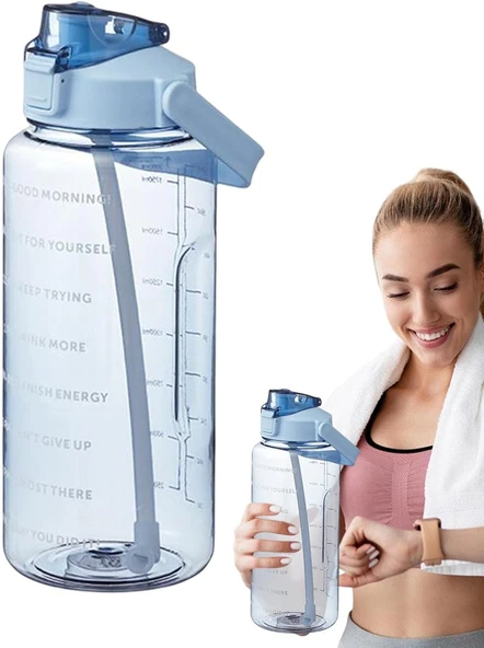 Şeffaf 2'li Motivasyon Matarası 2000ml+900ml Suluk Su Şisesi Bpa İçermez - 2