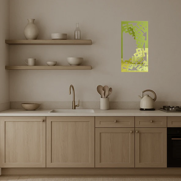 Ahşap Abstrakt Çiçek Desenli Dekoratif Duvar Altın Aynalı Tablosu - Resim 4