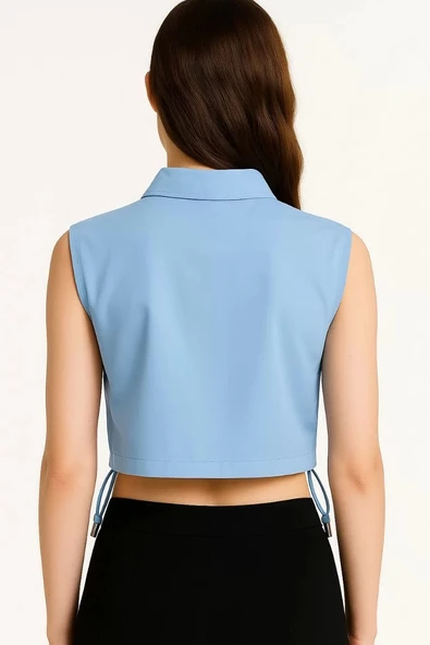 Kadın Crop Poplin Gömlek  Yalancı Cepli, Ayarlanabilir Yan Kordonlu, - Bebe Mavisi - Resim 2