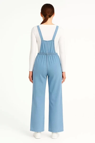 Kadın Chambray Açık Mavi Denim Görünümlü Geniş Paça Salopet Tulum - Mavi - Resim 2