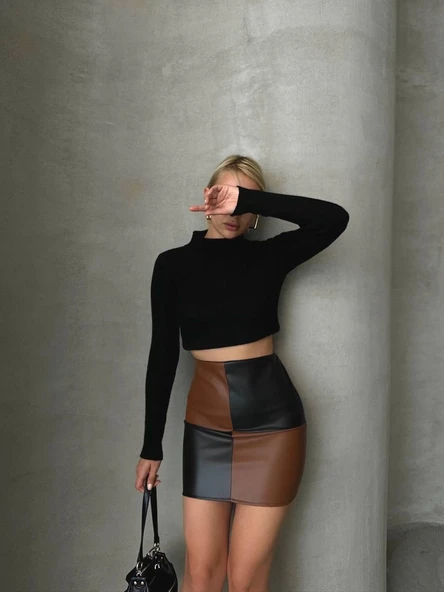 Damalı deri etek siyah kahve w24648 - Resim 4