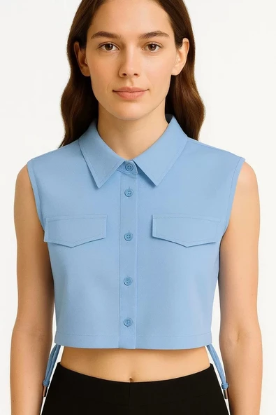 Kadın Crop Poplin Gömlek  Yalancı Cepli, Ayarlanabilir Yan Kordonlu, - Bebe Mavisi - Resim 3