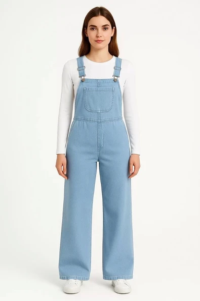 Kadın Chambray Açık Mavi Denim Görünümlü Geniş Paça Salopet Tulum - Mavi - Resim 4